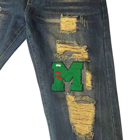 Distressed Slim Straight Jeans denim Patch Ripped Size 38 Lips Bear  Soft  jeans - Picture 3 of 10